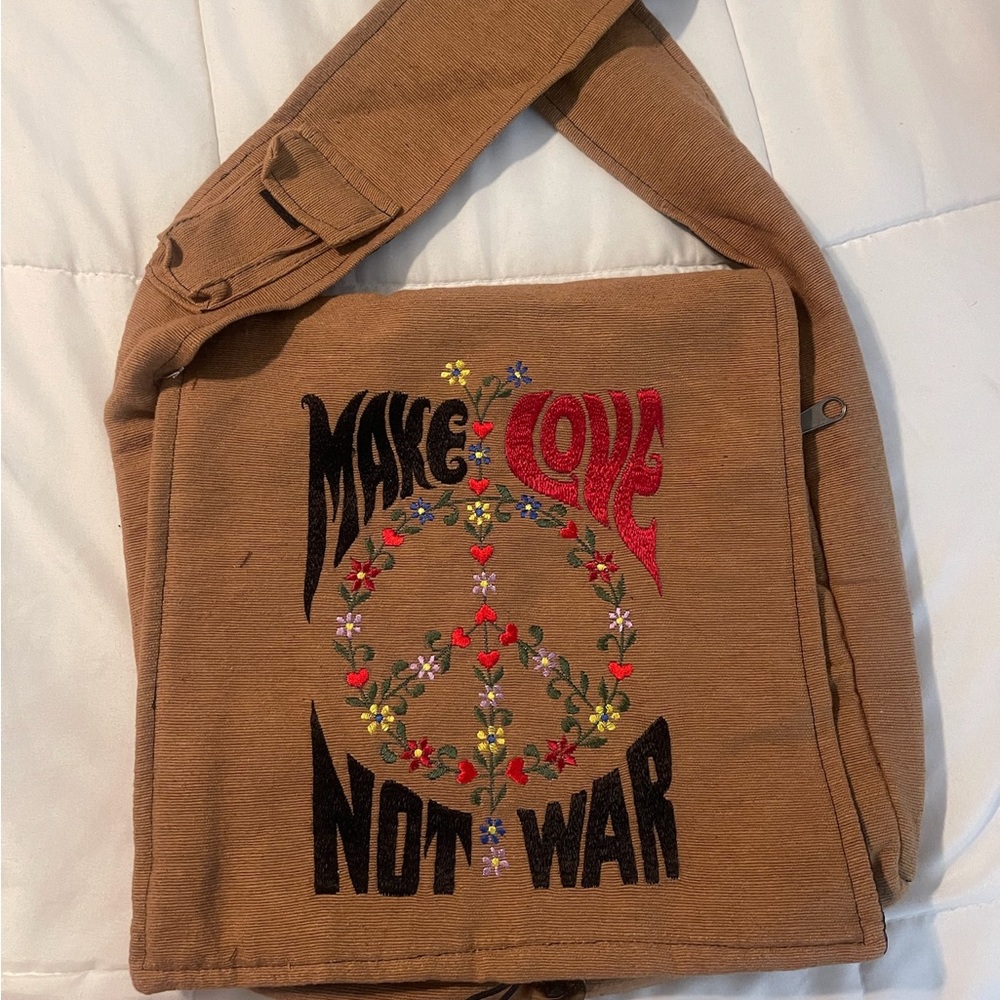 Boho Embroidered “Make Love Not War” Brown Crossbody Messenger Bag